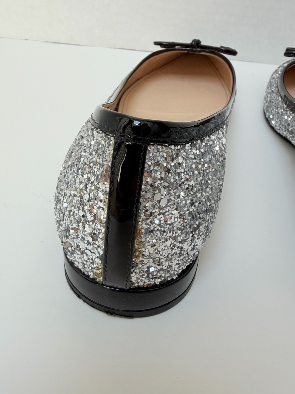 Prada Glitter Ballet Flats Pointed Toe Bow Patent Leather Silver Black Size 38.5 - Picture 14 of 15